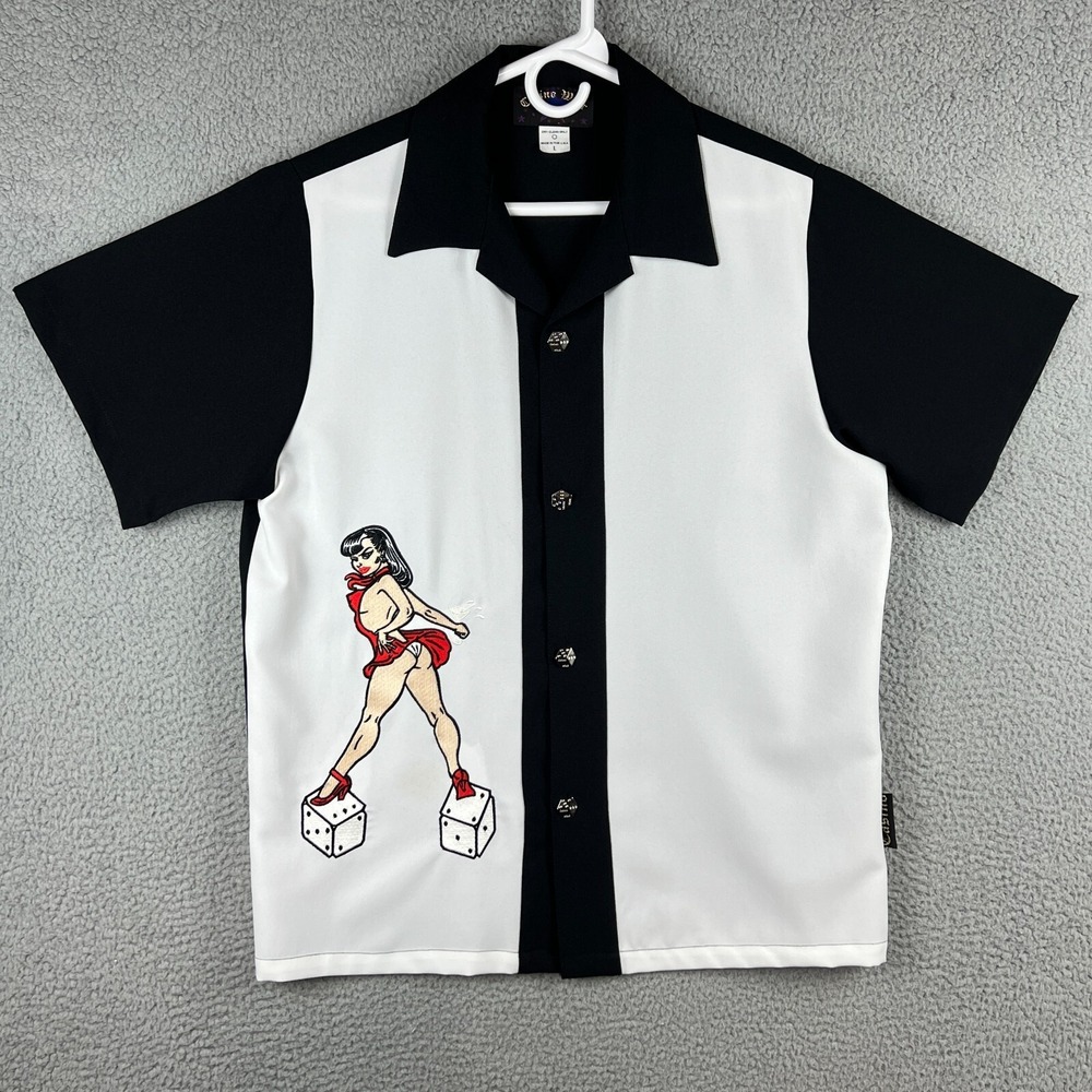 Vintage Casino Wear All Stars Shirt Dice Buttons Pin-up Girl Embroidered USA L